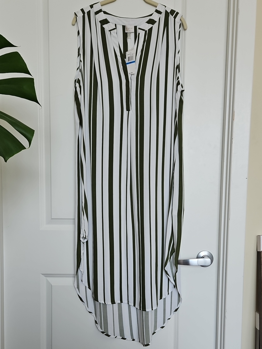 Cupio White and Olive Green Striped Sleeveless Swim Coverup
